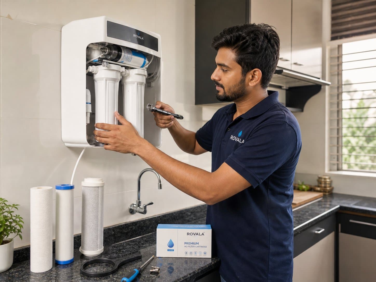 Rovala expert technician servicing an RO water purifier in Ranchi